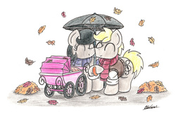 Size: 2131x1402 | Tagged: safe, artist:bobthedalek, oc, oc only, oc:mixed melody, oc:octavia's father, oc:octavia's mother, oc:ostinato melody, earth pony, pony, autumn, autumn leaves, clothes, eyes closed, female, husband and wife, implied octavia melody, leaves, male, nose to nose, nuzzling, scarf, simple background, smiling, stroller, sweater vest, sweet dreams fuel, traditional art, umbrella, white background
