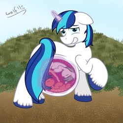 Size: 1100x1100 | Tagged: safe, artist:slimeyjenkins, artist:theimmortalwolf, shining armor, pony, unicorn, g4, fetus, floppy ears, glowing, glowing horn, horn, male, male pregnancy, pregarmor, pregnant, raised hoof, siblings, smiling, solo, stallion, twins, unshorn fetlocks, x-ray