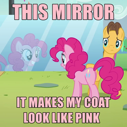 Size: 720x720 | Tagged: safe, screencap, caramel, pinkie pie, earth pony, pony, g4, the mane attraction, captain obvious, caption, cropped, image macro, male, meme, mirror, pink, pink text, pinkest pie, reflection, stallion, text