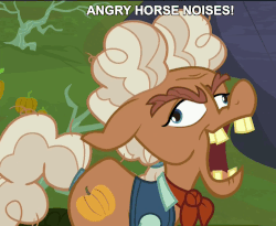Size: 1320x1080 | Tagged: safe, edit, edited screencap, screencap, ma hooffield, earth pony, pony, g4, the hooffields and mccolts, angry horse noises, animated, descriptive noise, female, hooffield family, horse noises, image macro, laughing, mare, meme, open mouth