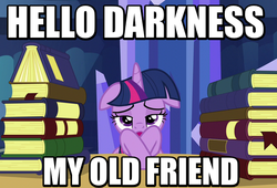 Size: 530x360 | Tagged: safe, screencap, twilight sparkle, alicorn, pony, g4, made in manehattan, book, bored, female, floppy ears, grumpy twilight, hello darkness my old friend, image macro, mare, meme, simon and garfunkel, solo, song reference, the sound of silence, twilight sparkle (alicorn), twilight's castle