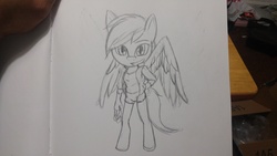 Size: 5312x2988 | Tagged: safe, artist:chaosknight, rainbow dash, anthro, g4, female, monochrome, solo, sonic the hedgehog (series), sonic the hedgehog style, sonicified, traditional art