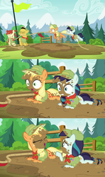 Size: 1280x2156 | Tagged: safe, screencap, applejack, coloratura, nature walk, russell, g4, the mane attraction, 3 panel comic, camp friendship, comic, cute, dirty, eyes closed, filly applejack, gritted teeth, happy, mouth hold, mud, open mouth, pulling, rara, scout uniform, smiling, tug of war, wide eyes
