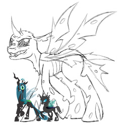 Size: 2000x2110 | Tagged: safe, artist:missitofu, queen chrysalis, changeling, changeling behemoth, g4, high res, monochrome, size comparison