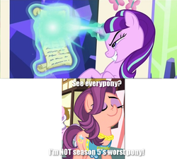 Size: 1279x1152 | Tagged: safe, screencap, diamond tiara, spoiled rich, starlight glimmer, crusaders of the lost mark, g4, the cutie re-mark, image macro, lies, meme, meta, op is a duck, op is trying to start shit, spoiled rich drama, starlight glimmer is worst pony, worst pony