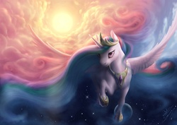 Size: 2630x1860 | Tagged: safe, artist:bluespaceling, princess celestia, g4, cloud, female, flying, looking at you, moon, solo, spread wings, stars, sun