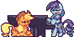 Size: 352x176 | Tagged: safe, artist:mrponiator, applejack, coloratura, earth pony, pony, g4, the mane attraction, animated, cute, eyes closed, female, friendshipping, hat, jackabetes, mare, musical instrument, open mouth, piano, pixel art, rara, rarabetes, season 5 pixel art, simple background, smiling, that was fast, transparent background