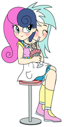 Size: 448x888 | Tagged: safe, artist:unoriginai, bon bon, lyra heartstrings, sweetie drops, equestria girls, g4, blushing, conjoined, conjoined twins, eyes closed, female, food, fusion, humanized, lesbian, lyrabon (fusion), milkshake, multiple heads, sharing a drink, ship:lyrabon, shipping, simple background, straw, two heads, we have become one, white background