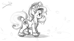 Size: 1024x579 | Tagged: safe, artist:sverre93, rarity, g4, bow, clothes, female, hair bow, monochrome, sketch, solo