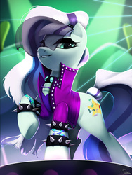 Size: 2500x3333 | Tagged: safe, artist:imalou, coloratura, earth pony, pony, g4, the mane attraction, bracelet, countess coloratura, female, grin, high res, jewelry, laser, looking at you, mare, raised hoof, smiling, smiling at you, solo, spiked wristband, studded bracelet, that was fast, the spectacle, wristband
