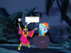 Size: 718x537 | Tagged: safe, screencap, rainbow dash, pony, g4, breaking the fourth wall, cauldron, crossover, female, hawaii, hawaiian island, kidnapped, mare, night, person as food, rope, scooby-doo!, tied up, witch doctor