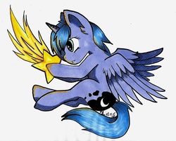 Size: 1024x824 | Tagged: safe, artist:panhaukatze, princess luna, g4, female, s1 luna, simple background, solo, stars, tangible heavenly object, traditional art