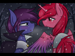 Size: 2176x1634 | Tagged: source needed, safe, artist:littlecloudie, galacta knight, half r63 shipping, kirby (series), meta knight, ponified, rule 63, shipping, snow, snowfall