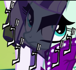 Size: 736x678 | Tagged: safe, edit, screencap, coloratura, g4, the mane attraction, countess coloratura, eyebrows, female, image macro, jojo's bizarre adventure, meme, menacing, onomatopoeia, solo, ゴ ゴ ゴ