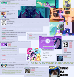 Size: 2092x2190 | Tagged: safe, screencap, applejack, fluttershy, nightmare moon, pinkie pie, princess celestia, princess luna, rainbow dash, rarity, spike, star swirl the bearded, starlight glimmer, twilight sparkle, friendship is magic, g4, the crystal empire, the cutie re-mark, /mlp/, 4chan, 4chan screencap, book, clothes, compilation, cosplay, costume, headcanon, high res, insane fan theory, m.a. larson, magic, meme, moon, nightmare takeover timeline, pentagram, prediction, prophecy, scroll, stars, starswirl's book, text, thanks m.a. larson, time travel