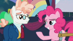 Size: 631x355 | Tagged: safe, screencap, pinkie pie, svengallop, earth pony, pony, g4, the mane attraction, animated, clothes, duo, exploitable, eye contact, eyebrow wiggle, female, frown, glasses, grin, lidded eyes, male, mare, smiling, stallion, svengallop is not amused, unamused