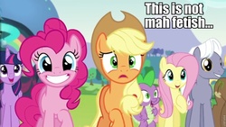 Size: 960x541 | Tagged: safe, edit, screencap, applejack, coco crusoe, fluttershy, pinkie pie, royal riff, spike, twilight sparkle, alicorn, earth pony, pegasus, pony, g4, the mane attraction, accent, background pony, female, grin, image macro, impact font, male, mare, meme, one of these things is not like the others, raised hoof, stallion, subverted meme, text edit, that is my fetish, twilight sparkle (alicorn), varying degrees of want