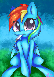 Size: 2480x3508 | Tagged: safe, artist:jiamian, rainbow dash, pegasus, pony, g4, candle, cute, dashabetes, female, food, high res, looking at you, misleading thumbnail, popsicle, signature, sitting, solo