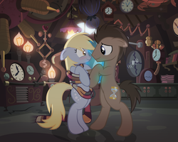 Size: 1600x1280 | Tagged: safe, alternate version, artist:radiantrealm, derpy hooves, doctor whooves, time turner, earth pony, pegasus, pony, g4, accessory swap, blushing, clothes, cute, derpabetes, doctorbetes, female, floppy ears, male, mare, scarf, ship:doctorderpy, shipping, show accurate, stallion, straight