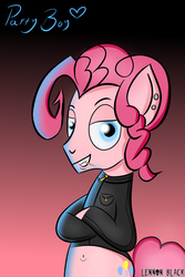 Size: 1000x1500 | Tagged: safe, artist:lennonblack, pinkie pie, earth pony, pony, g4, belly button, bipedal, bubble berry, clothes, cutie mark, eyebrows, jacket, male, piercing, rule 63, solo, toothpick
