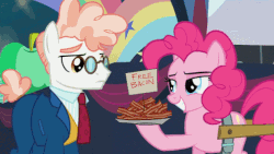 Size: 631x355 | Tagged: safe, edit, edited screencap, screencap, pinkie pie, svengallop, earth pony, pony, g4, the mane attraction, animated, bacon, clone high, duo, female, food, male, mare, meat, stallion, svengallop is not amused, unamused