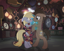 Size: 1600x1280 | Tagged: safe, alternate version, artist:radiantrealm, derpy hooves, doctor whooves, time turner, earth pony, pegasus, pony, g4, slice of life (episode), accessory swap, adorasexy, blushing, bondage, clothes, cute, cute bondage, doctor whooves' lab, female, floppy ears, fourth doctor's scarf, happy bondage, male, maledom, mare, now kiss, romance, scarf, sexy, ship:doctorderpy, shipping, show accurate, smiling, stallion, straight, striped scarf, tardis, wrapped up