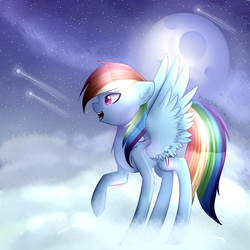 Size: 2880x2880 | Tagged: safe, artist:kurochhi, rainbow dash, g4, cloud, female, high res, moon, night, solo, spread wings