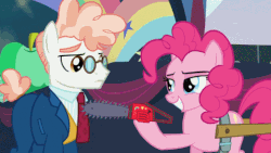 Size: 631x355 | Tagged: safe, edit, edited screencap, screencap, pinkie pie, g4, the mane attraction, animated, chainsaw, female