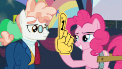 Size: 631x355 | Tagged: safe, edit, screencap, pinkie pie, svengallop, earth pony, pony, g4, the mane attraction, animated, female, foam finger, male, mare, stallion