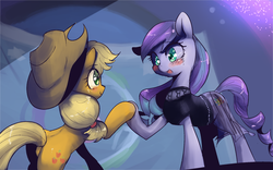 Size: 1280x800 | Tagged: safe, artist:yajima, applejack, coloratura, earth pony, pony, g4, the mane attraction, blushing, clothes, female, freckles, hat, looking at each other, mare, open mouth, rara, scene interpretation, smiling