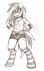 Size: 1044x1661 | Tagged: safe, artist:collaredginger, dj pon-3, vinyl scratch, anthro, unguligrade anthro, g4, bracelet, clothes, female, jewelry, monochrome, socks, solo, striped socks, traditional art, wristband