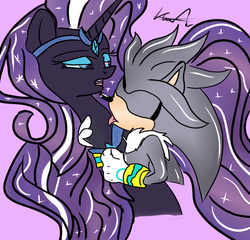 Size: 598x573 | Tagged: safe, artist:kaiamurosesei, nightmare rarity, g4, bedroom eyes, crossover, crossover shipping, eyes closed, licking, male, open mouth, shipping, silvarity, silver the hedgehog, sonic the hedgehog, sonic the hedgehog (series), tongue out