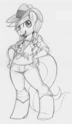 Size: 859x1471 | Tagged: safe, artist:collaredginger, candy apples, anthro, g4, apple family member, boots, clothes, hat, jeans, monochrome, pants