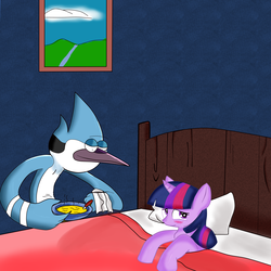 Size: 3000x3000 | Tagged: safe, artist:kaiamurosesei, twilight sparkle, g4, bed, crossover, crossover shipping, high res, male, mordecai, mordetwi, regular show, shipping