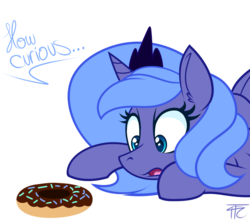 Size: 1002x885 | Tagged: dead source, safe, artist:php92, princess luna, alicorn, pony, g4, bread, curious, donut, female, filly, food, solo, woona