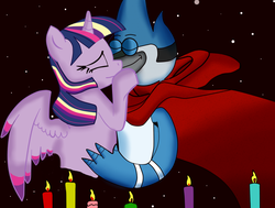 Size: 1024x775 | Tagged: safe, artist:kaiamurosesei, twilight sparkle, alicorn, pony, g4, candle, crossover, crossover shipping, female, male, mare, mordecai, mordetwi, rainbow power, regular show, shipping, straight, twilight sparkle (alicorn)