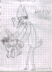 Size: 1235x1686 | Tagged: safe, artist:kaiamurosesei, twilight sparkle, alicorn, pony, g4, crossover, crossover shipping, female, graph paper, male, mare, monochrome, mordecai, mordetwi, regular show, shipping, traditional art, twilight sparkle (alicorn)