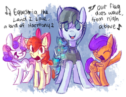 Size: 1300x1000 | Tagged: safe, artist:tamoqu, apple bloom, coloratura, scootaloo, sweetie belle, g4, the mane attraction, cutie mark crusaders, rara, singing