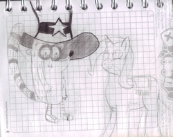 Size: 1736x1373 | Tagged: safe, artist:kaiamurosesei, trixie, pony, unicorn, g4, bridle, crossover, female, graph paper, hat, male, mare, monochrome, regular show, rigby (regular show), saddle blanket, sketch, traditional art, wander over yonder, wander's hat