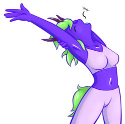 Size: 1904x1881 | Tagged: safe, artist:lucky-jacky, oc, oc only, oc:midnight devilwitch blingbling, anthro, anthro oc, armpits, belly button, clothes, midriff, morning, request, solo, sports bra, stretching, yawn, yoga pants