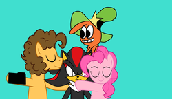 Size: 1680x968 | Tagged: safe, artist:kaiamurosesei, cheese sandwich, pinkie pie, g4, bonding, boyfriend and girlfriend, crossover, crossover shipping, female, having a moment, hug, interspecies, love, male, pinker, shadow the hedgehog, shipping, sonic the hedgehog (series), straight, together forever, wander (wander over yonder), wander over yonder
