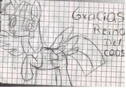 Size: 1432x1000 | Tagged: safe, artist:kaiamurosesei, twilight sparkle, alicorn, pony, g4, female, graph paper, mare, monochrome, solo, spanish, traditional art, translated in the comments, twilight sparkle (alicorn)