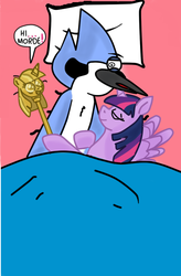 Size: 404x616 | Tagged: safe, artist:kaiamurosesei, twilight sparkle, alicorn, pony, g4, background pony strikes again, bed, crossover, crossover shipping, female, male, mare, mordecai, mordetwi, pillow, regular show, shipping, twilight scepter, twilight sparkle (alicorn)