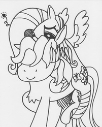 Size: 2260x2805 | Tagged: safe, artist:dragonpone, derpibooru exclusive, fluttershy, rainbow dash, broken leg, covering eyes, female, fluttershy riding rainbow dash, guess who, heart, high res, lesbian, monochrome, ponies riding ponies, riding, ship:flutterdash, shipping, traditional art