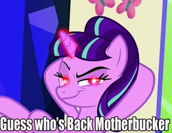 Size: 720x557 | Tagged: safe, edit, edited screencap, screencap, starlight glimmer, pony, unicorn, g4, the cutie re-mark, friendship throne, glowing eyes, glowing eyes meme, glowing horn, horn, image macro, like a boss, meme, pure unfiltered evil, s5 starlight, smug, smuglight glimmer, welcome home twilight