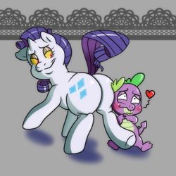 Size: 700x700 | Tagged: safe, artist:technicolor pie, discord, rarity, spike, dragon, pony, unicorn, g4, butt, character proxy, character to character, disguise, duo, floating heart, heart, plot, practical joke, rule 63, transformation, transgender transformation, x was discord all along