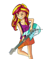 Size: 1500x2050 | Tagged: safe, anonymous artist, derpibooru exclusive, sunset shimmer, equestria girls, g4, clothes, electric guitar, eyes closed, female, grin, guitar, musical instrument, shirt, skirt, solo, sunset shredder