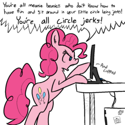 Size: 864x864 | Tagged: safe, artist:visiti, pinkie pie, pony, g4, /mlp/, 4chan, bipedal, computer, desk, female, monitor, rage, slice of life, solo, yelling