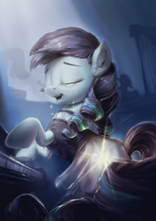 Size: 850x1200 | Tagged: safe, artist:assasinmonkey, coloratura, earth pony, pony, g4, the mane attraction, clothes, crying, female, glowing cutie mark, glowing plot, liquid pride, mare, musical instrument, piano, playing, rara, scene interpretation, solo, tears of joy, that was fast, the magic inside