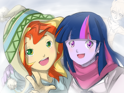 Size: 1600x1200 | Tagged: safe, artist:thegreatrouge, sunset shimmer, twilight sparkle, equestria girls, g4, anime, clothes, crossover, duo, noragami, open mouth, scarf, twilight sparkle (alicorn)